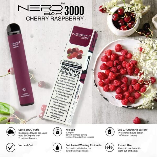 Nerd Bar 3000 Puffs Disposable Vape Cherry Raspberry