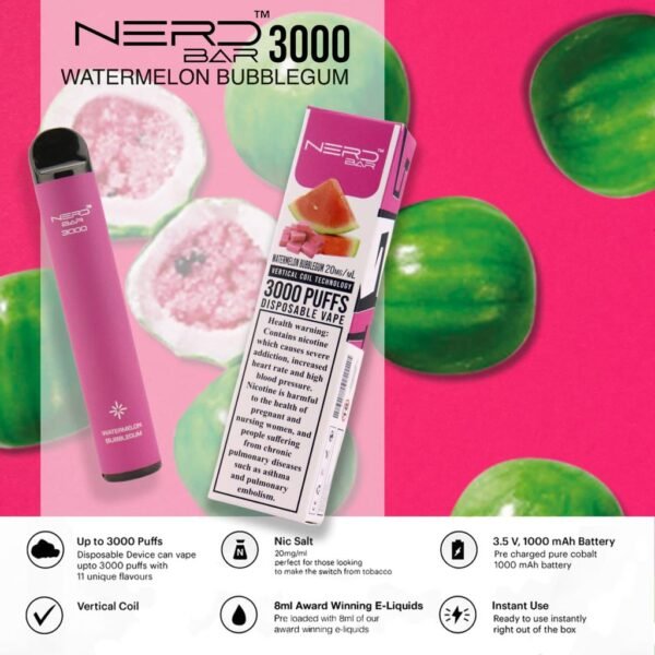 Nerd Bar 3000 Puffs Disposable Vape Watermelon Bubble Gum